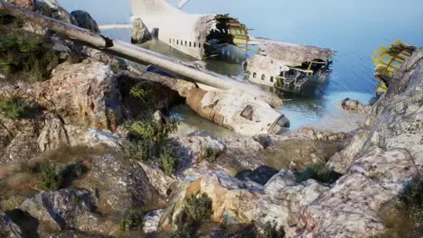 Plane wreck on the beach with rocks near ocean