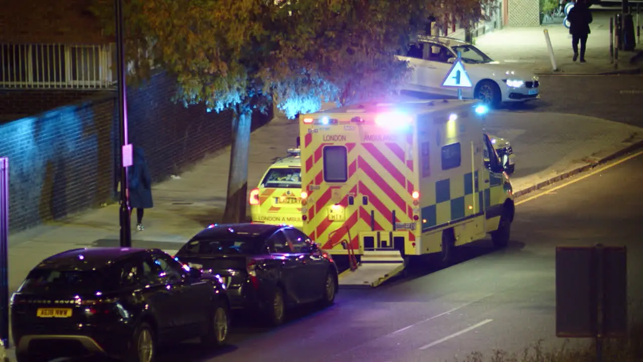 Close up static shot of an ambulance parked in North London England