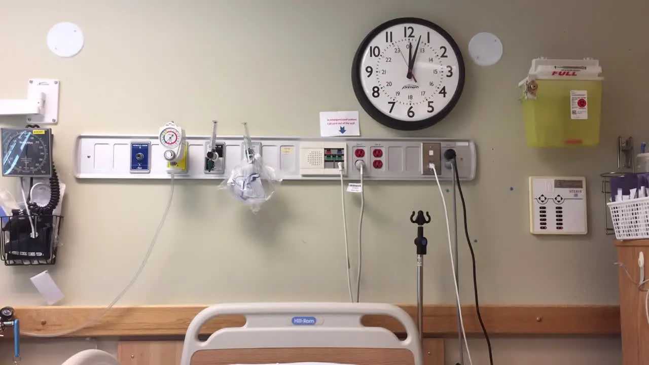 Time-lapse of wall clock in empty hospital room static shot