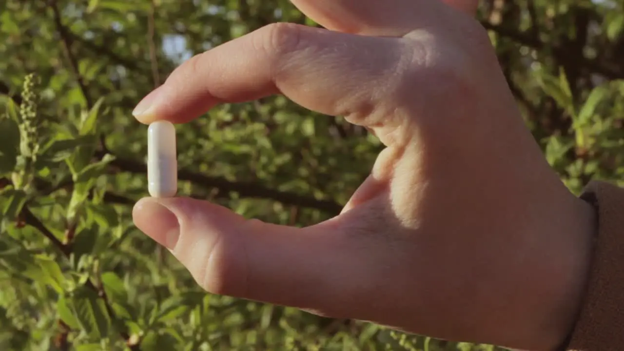 Hand of person holding single pill capsule against green natural background close up view