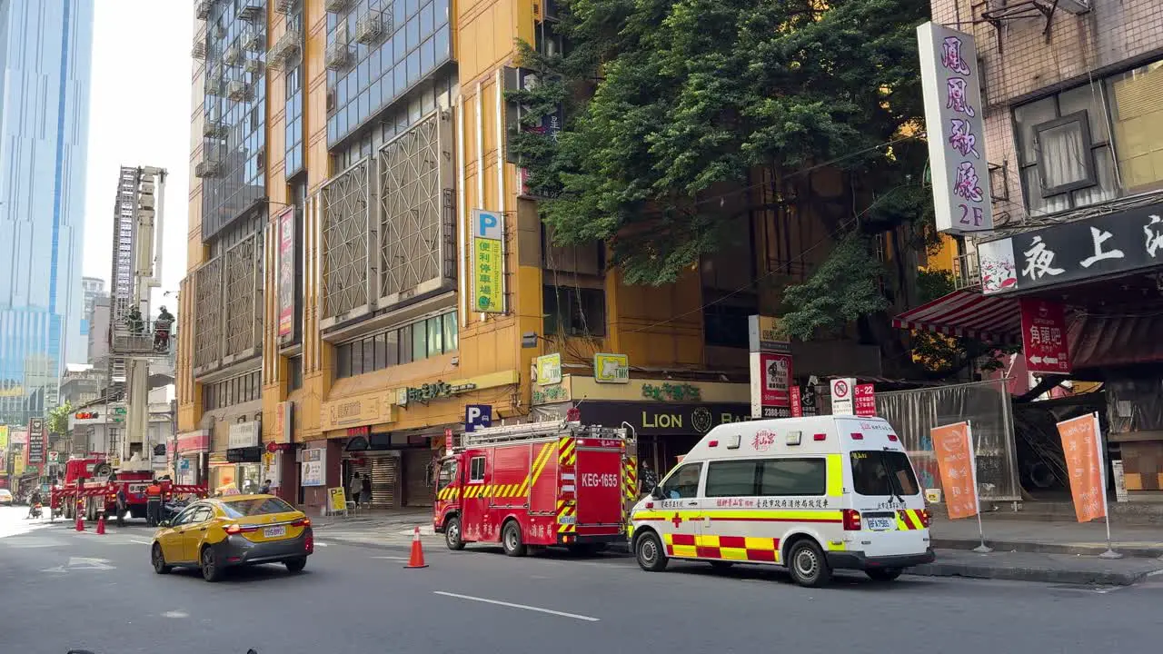 Ambulances and fire trucks are on standby for a rescue in Taipei Wanhua district Ximending Taiwan