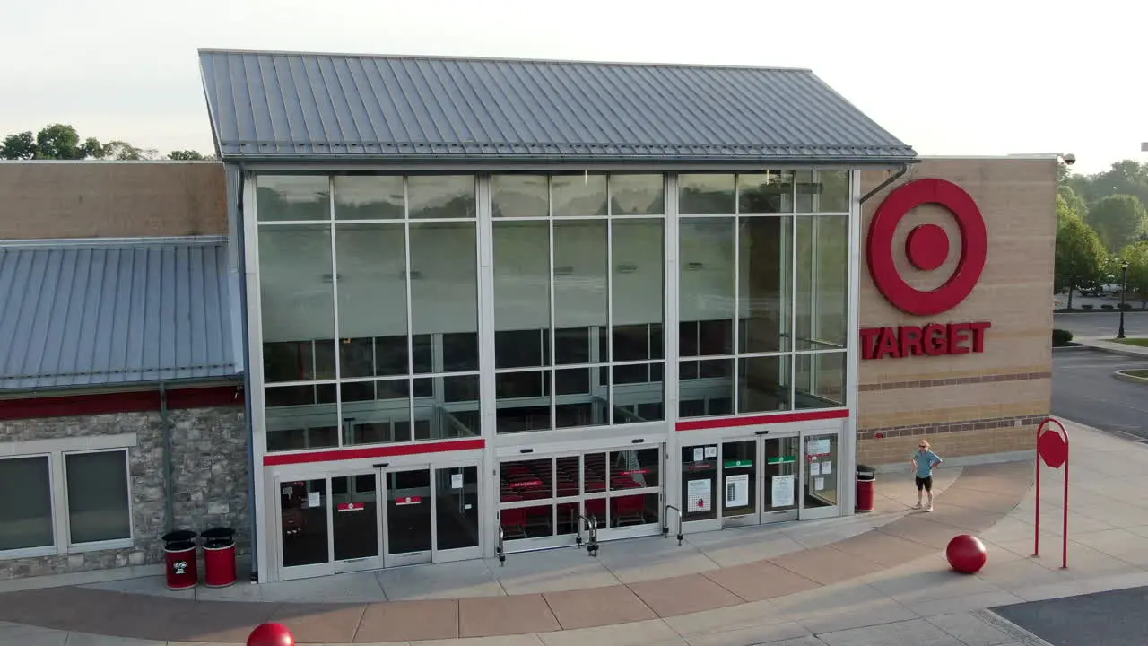 Target Corporation retail store location wide angle aerial of front entrance to famous American retailer for consumer spending holiday shopping