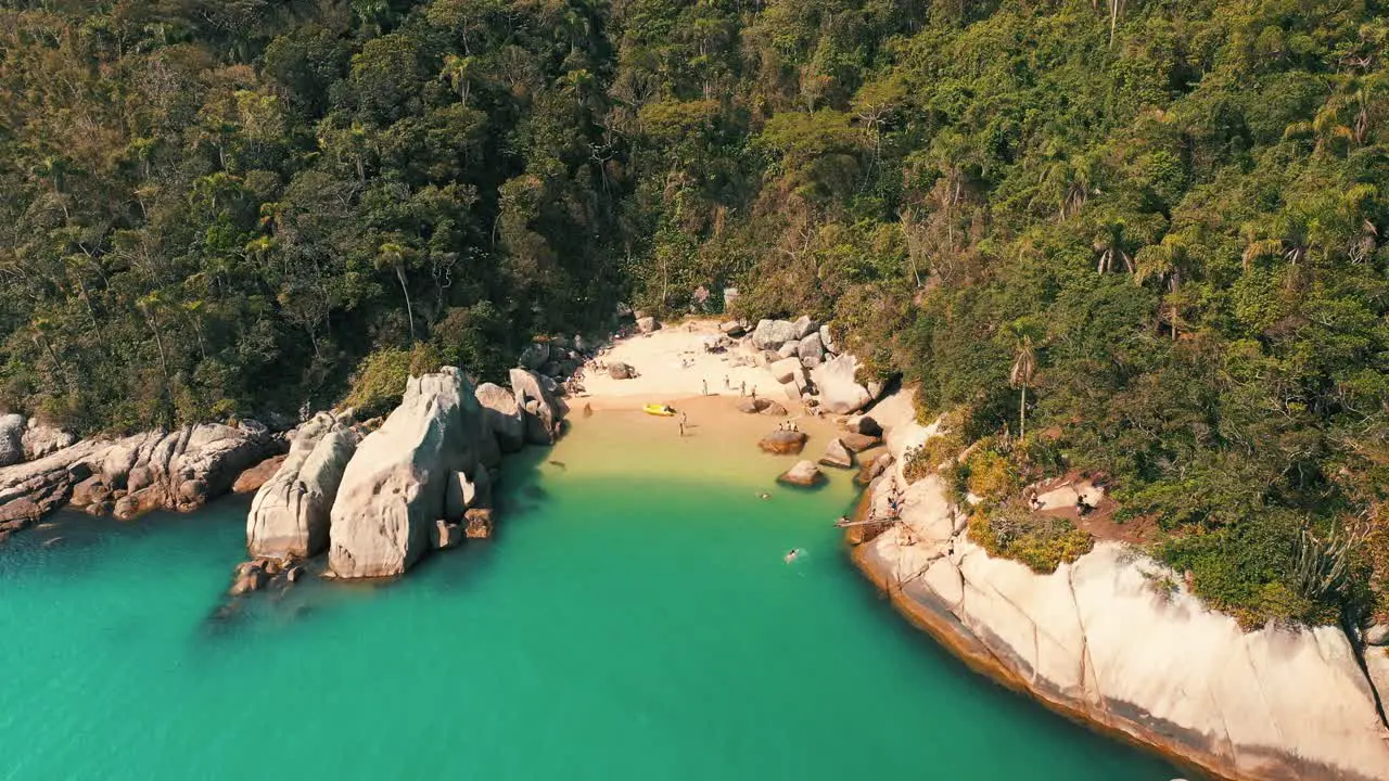 Establishin shot sunny summer day tropical beach aerial view located in Santa Catarina Brazil