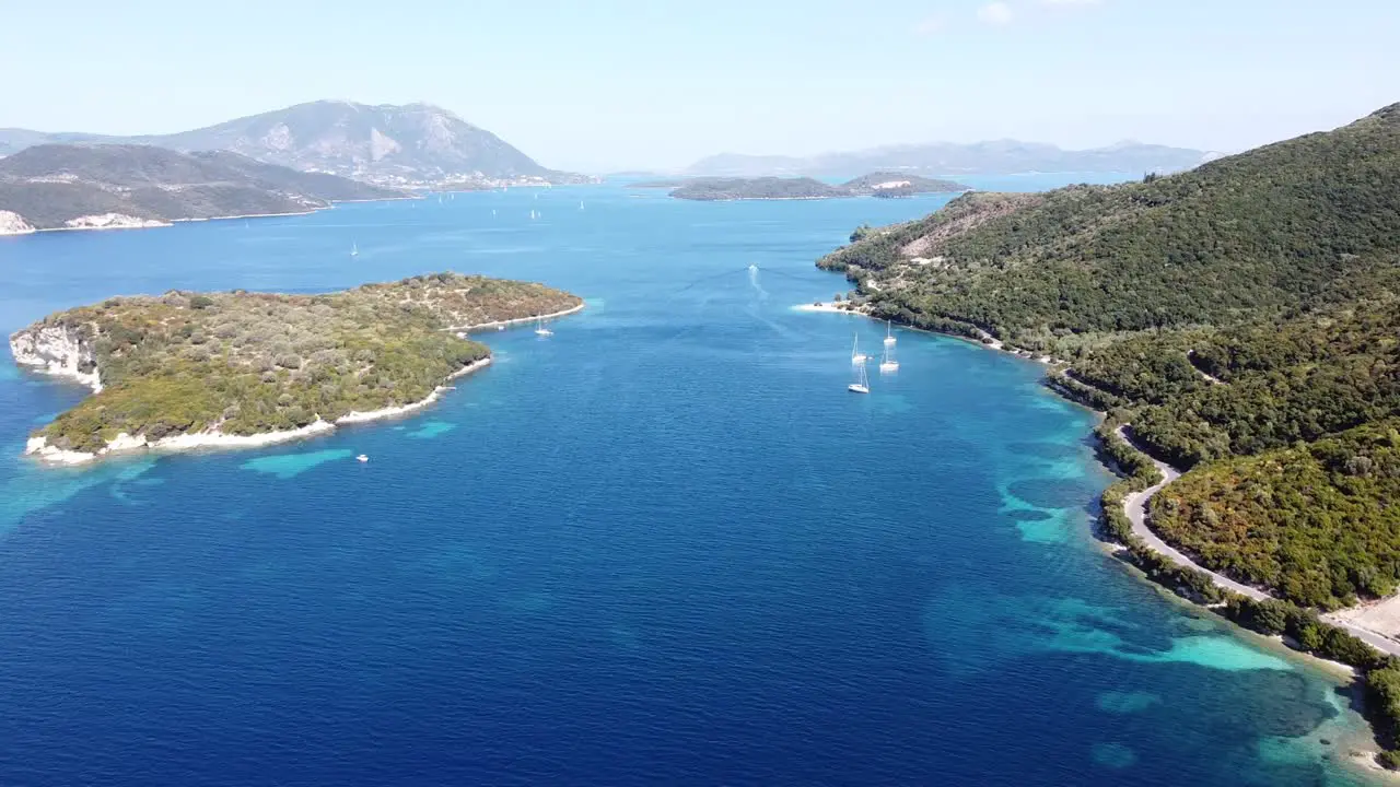 Boats Sailing between Nidri and Meganisi Island at Lefkada Greece Aerial