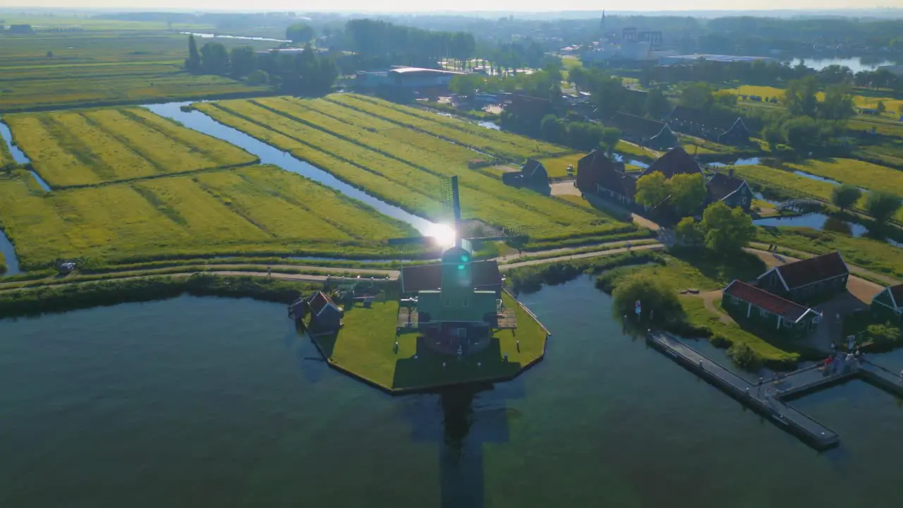 Aerial drone footage of still windmills in Zaanse Schans Netherlands