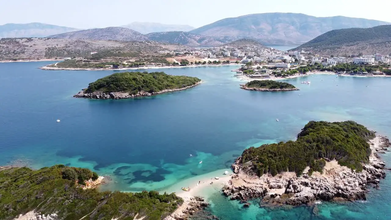 Ksamil Islands Albania Aerial of Small White Sandy Beach and Beautiful Coastline