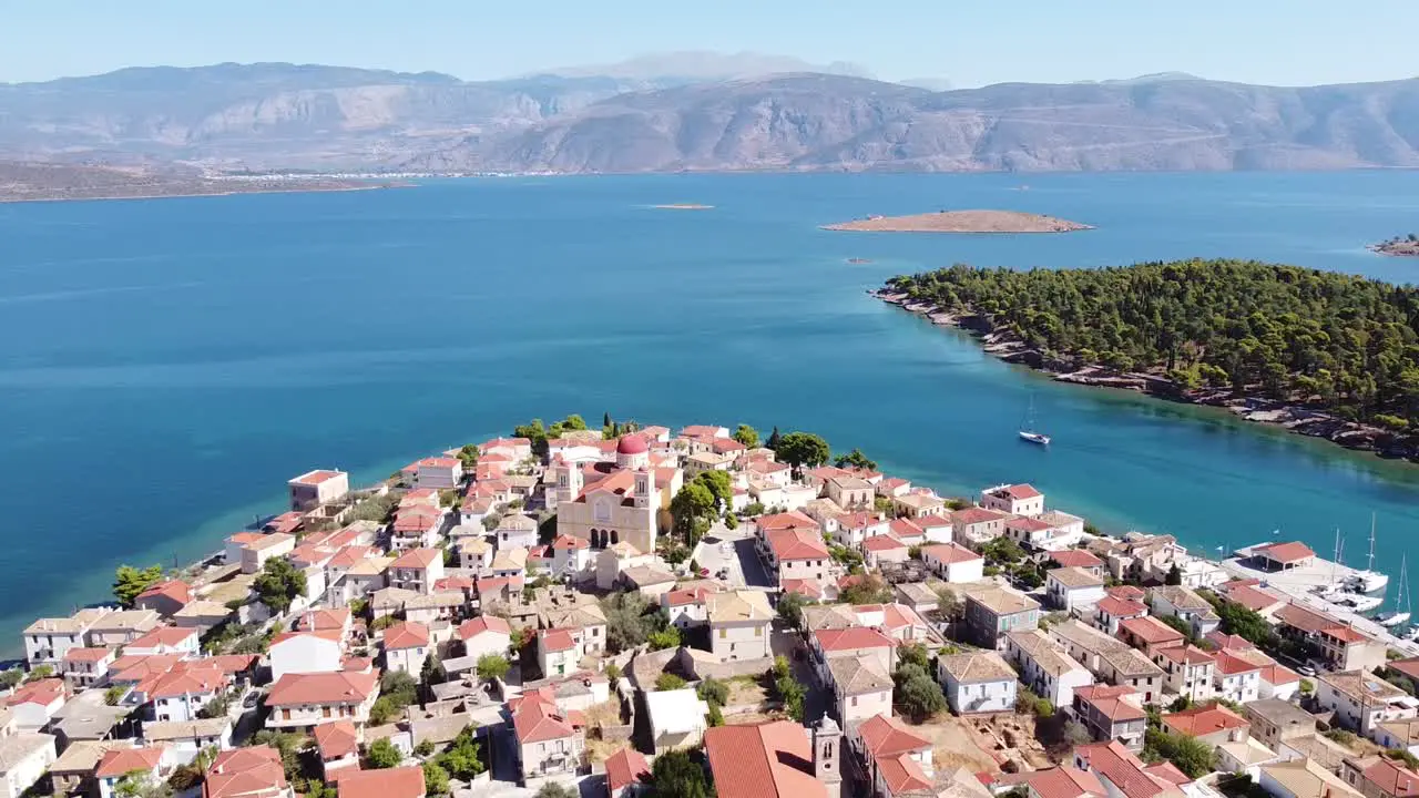 Picturesque Marine Village Galaxidi at Fokida Greece Mainland Reversing Aerial