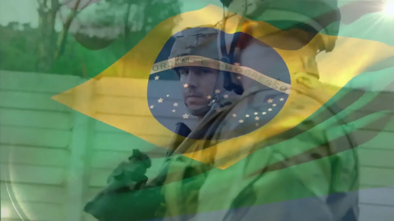 Animation of flag of brazil over caucasian male soldiers walking with weapon