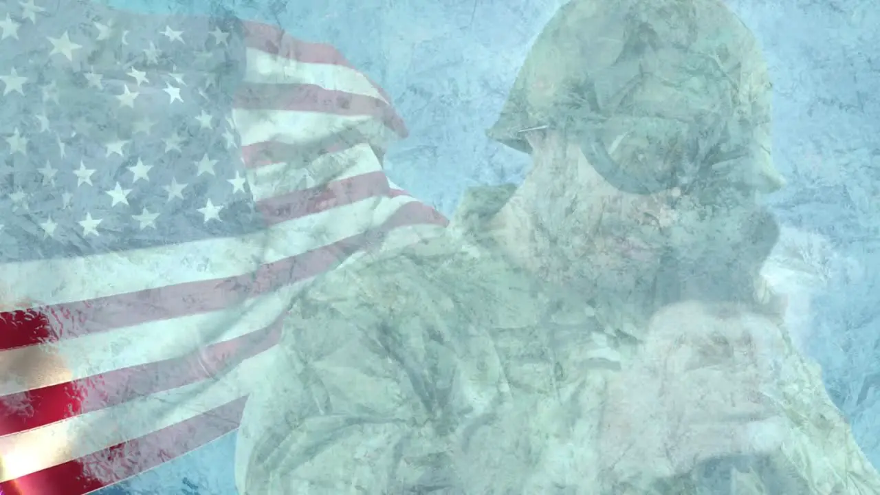 Animation of frozen screen over caucasian male soldier with weapon over flag of usa