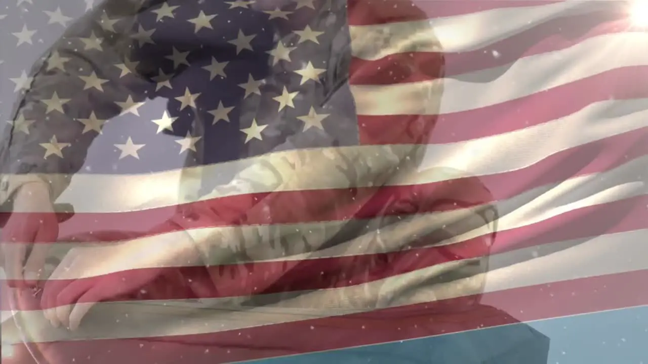 Animation of waving flag of america over caucasian soldier packing bag against white background