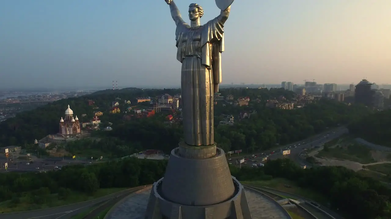 Drone view Mother Motherland statue in Kiev city Memorial park Victory Day