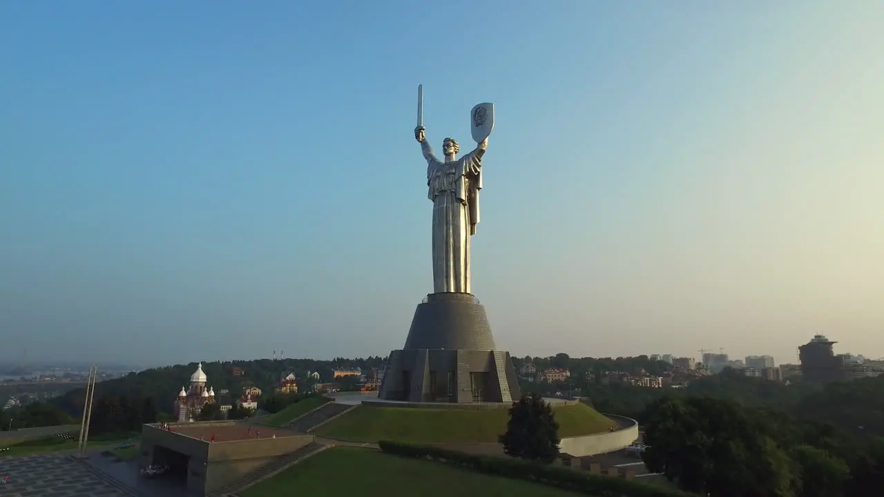 Drone view Mother Motherland on Kiev city Monument Victory Day Second World War