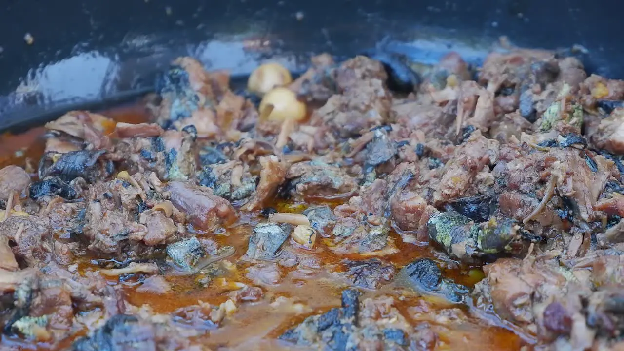 Iguana lizard cooks in hot pan with onion and garlic sauce in Honduras