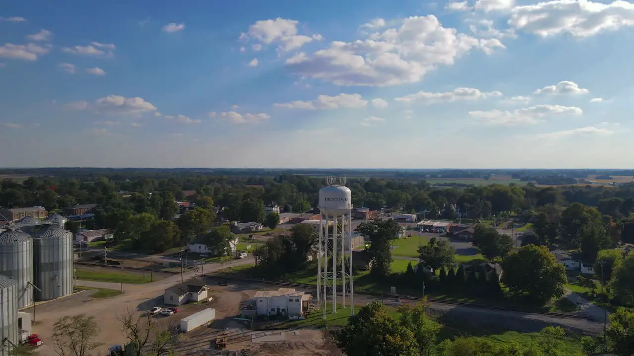 Cinematic aerial drone 4K footage of a water tower in a farm of Trenton Kentucky in the USA