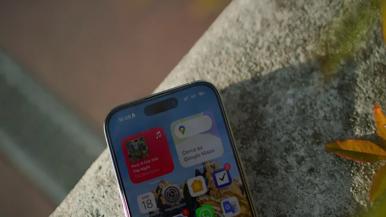 Overhead View Through Foliage Of iPhone 14pro Resting On Stone Wall