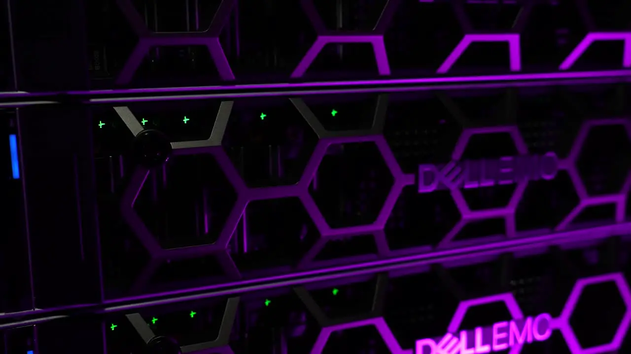 Dell EMC cloud storage server super computer with switch lights Locked close up shot