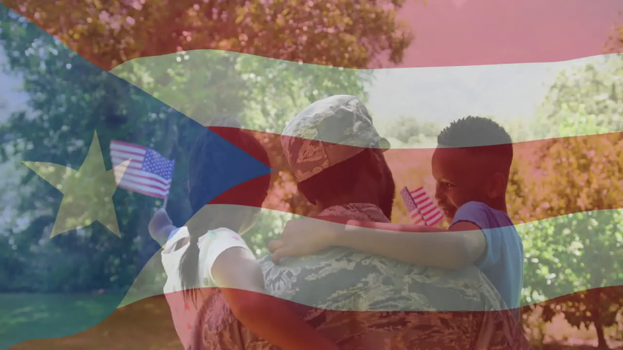 Animation of flag of puerto rico over african american male soldier with son and daughter