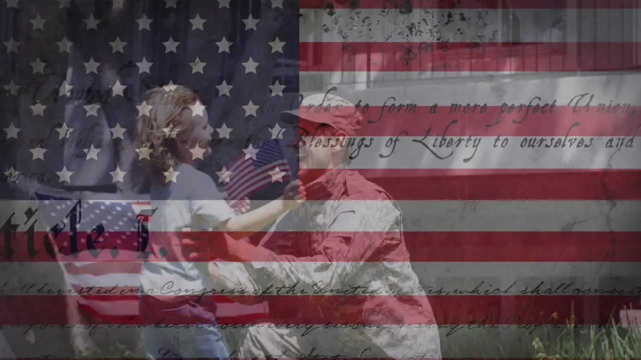 Animation of american flag and constitution over soldier father greeting daughter