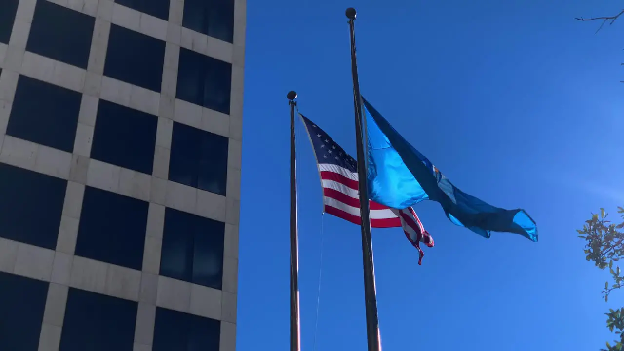 United States and Louisiana Flag in Front of Office Building Slow Motion 24fps