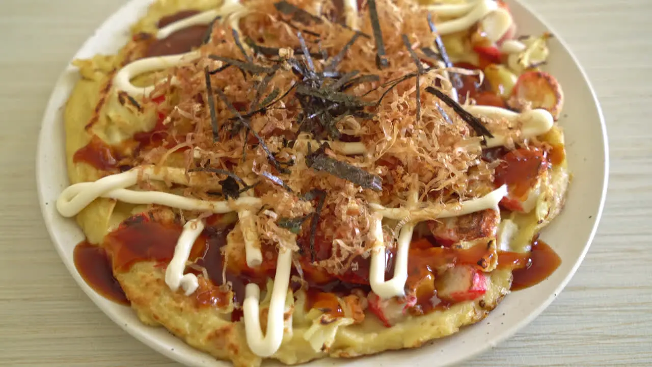 Japanese Traditional Pizza that called Okonomiyaki Japanese food style