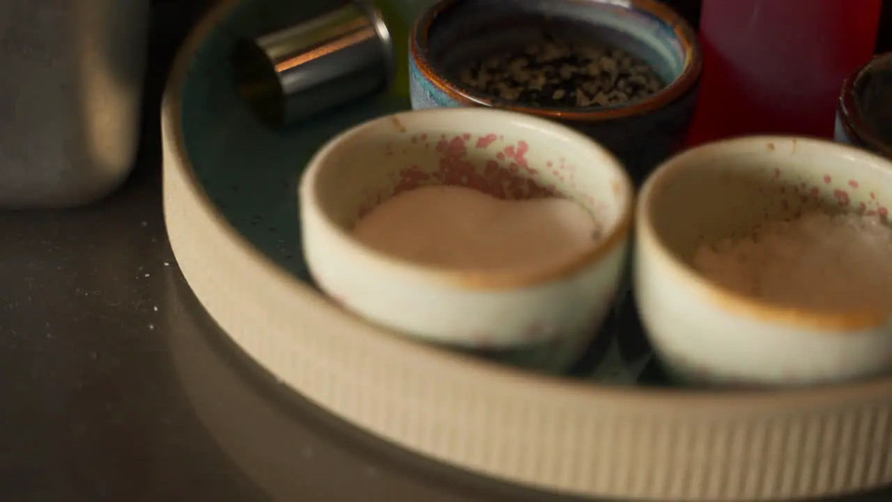 Many fancy restaurant dips and dishes ready to be eaten