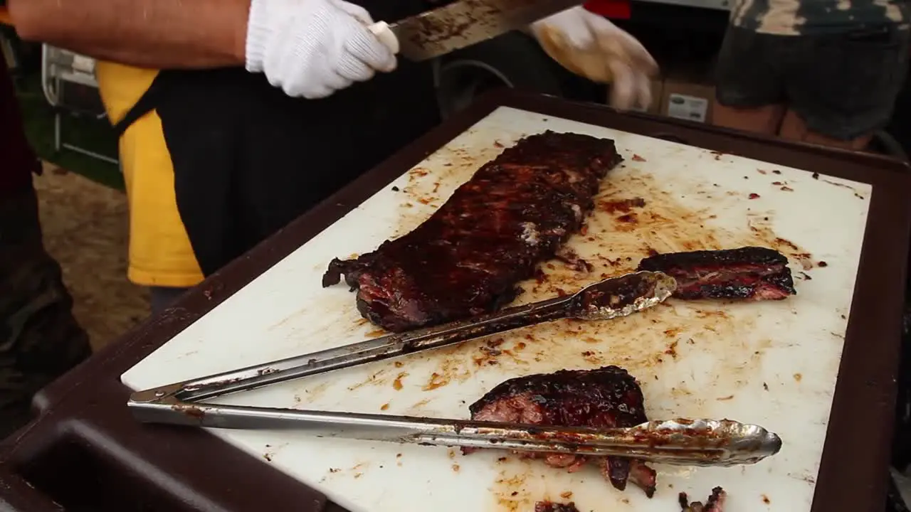 Barbecue ribs off the grill and cut