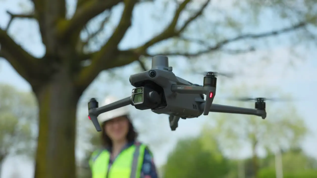 Close-up view of flying Mavic 3E small professional enterprise drone for photogrammetry