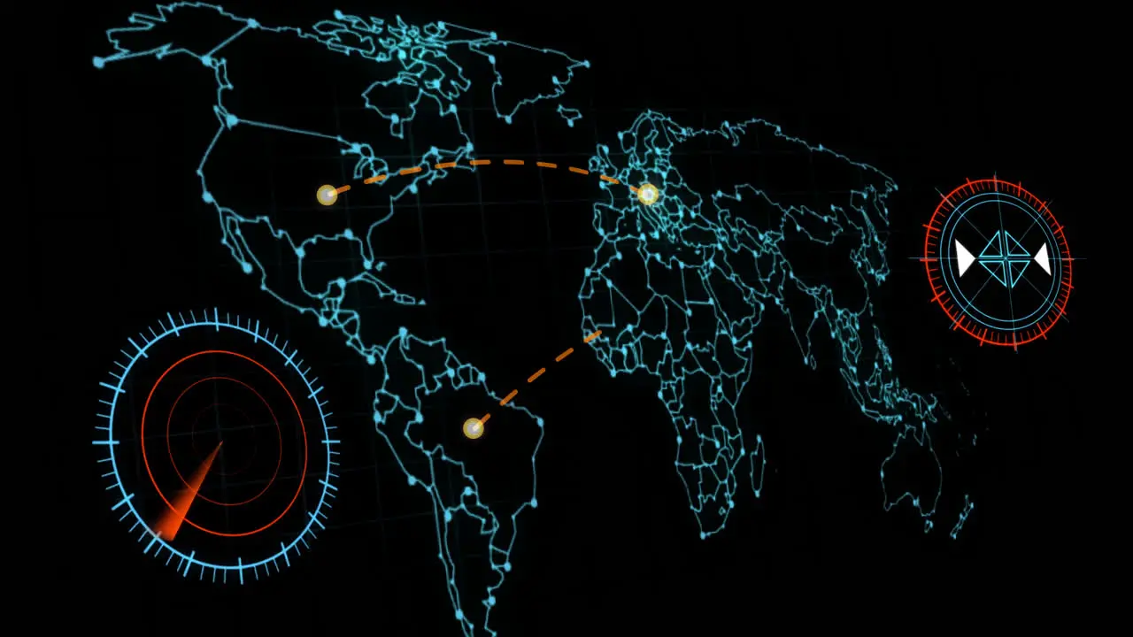 neon high tech network world map with radars and connecting lines alpha channel included