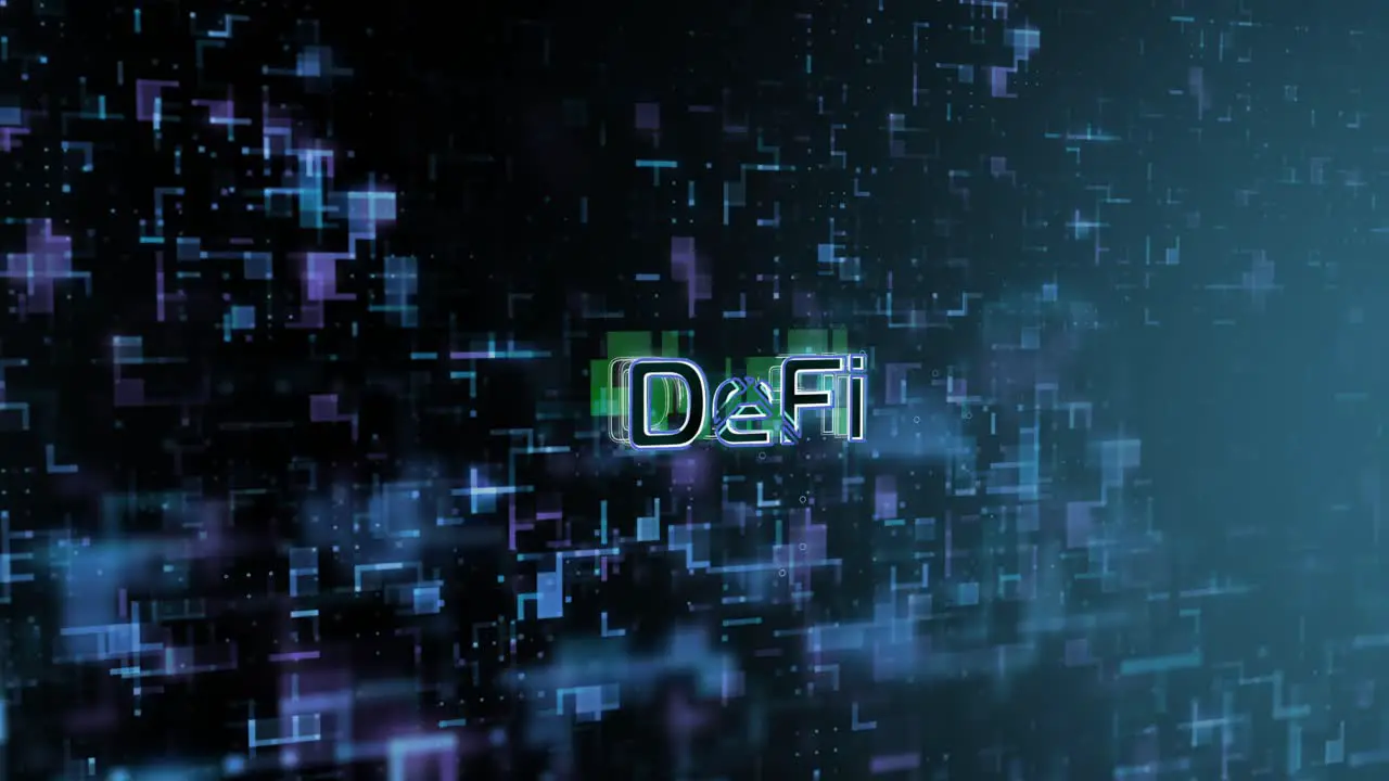 DeFi Concept Text Reveal Animation with Digital Abstract Technology Background 3D Rendering for Blockchain Metaverse Cryptocurrency