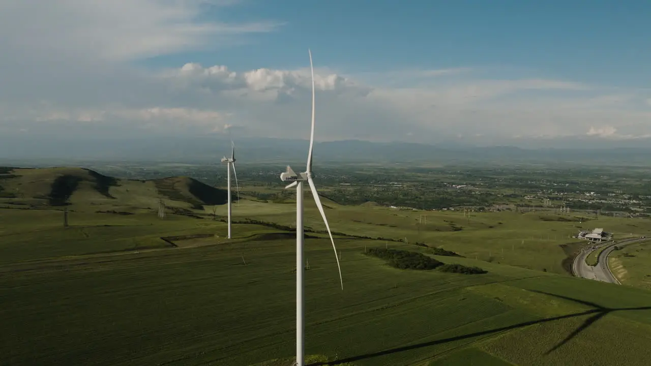 Wind turbine generator farm in agricultural landscape in Gori Georgia