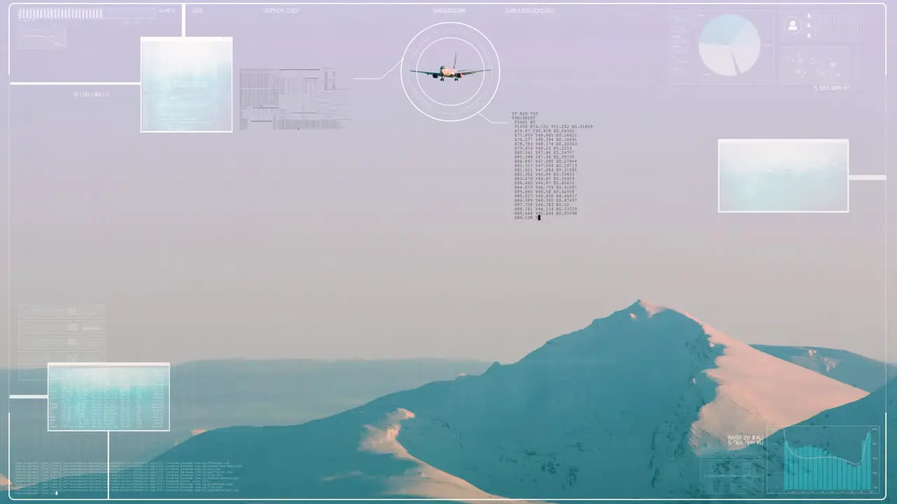 Airport Tower observes arriving aircraft over snowy mountain range analyzes the data