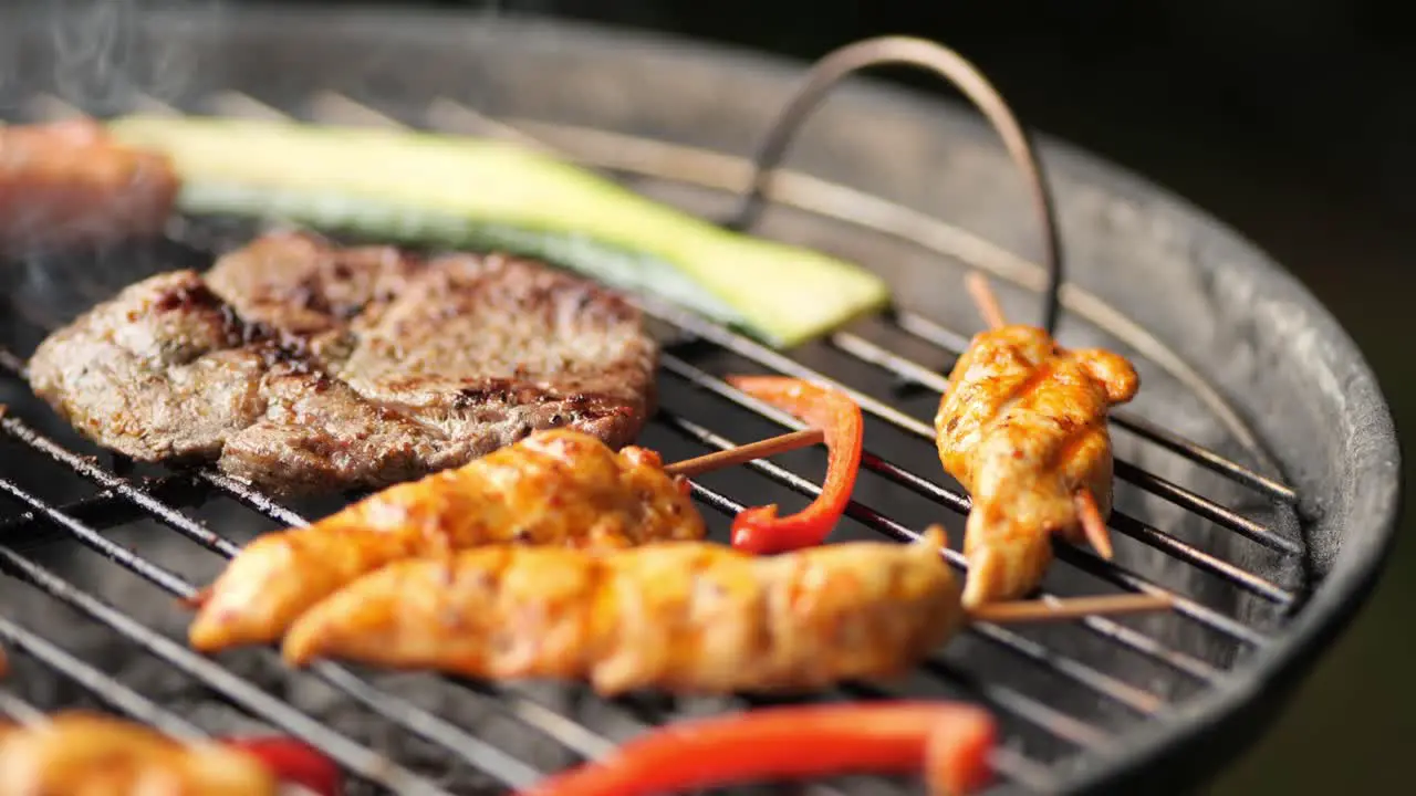 slow camera movement over the meat and vegetables on the grill