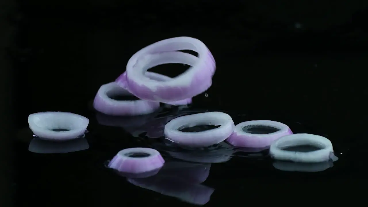 Slow Motion Reversed Shot of White and Purple Onion Rings Falling on a Black Surface a Surface covered with Water