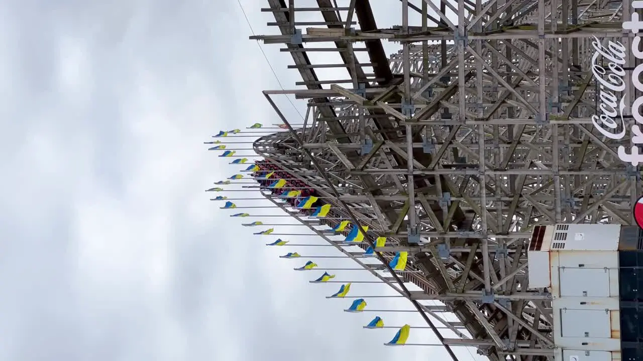 A large wooden roller coaster at The Tayto park in Ireland