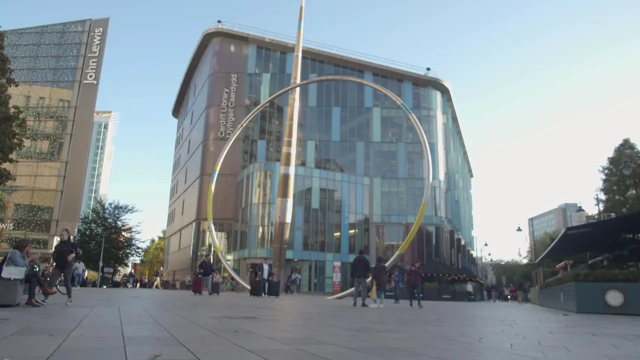 Exterior Of Cardiff Library In Wales With Modern Architecture And Sculpture