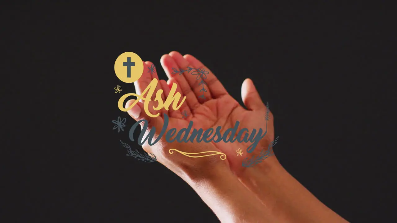 Animation of ash wednesday text over biracial woman's paying hands on wooden background