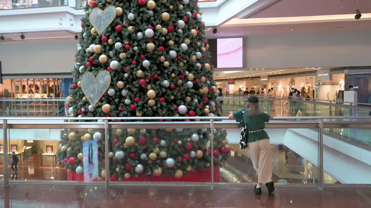 A woman is seen in front of a Christmas tree installation as Chinese shoppers walk past at a shopping mall in Hong Kong