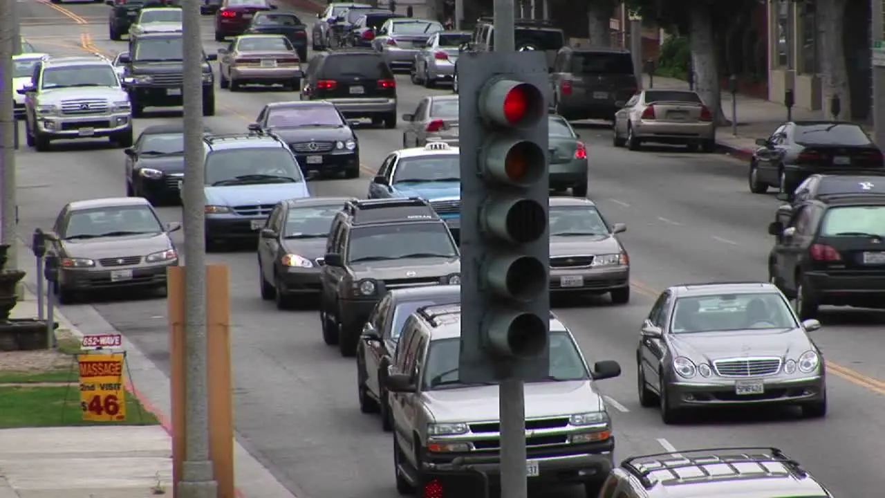 Congested traffic slowly moves along on a city street