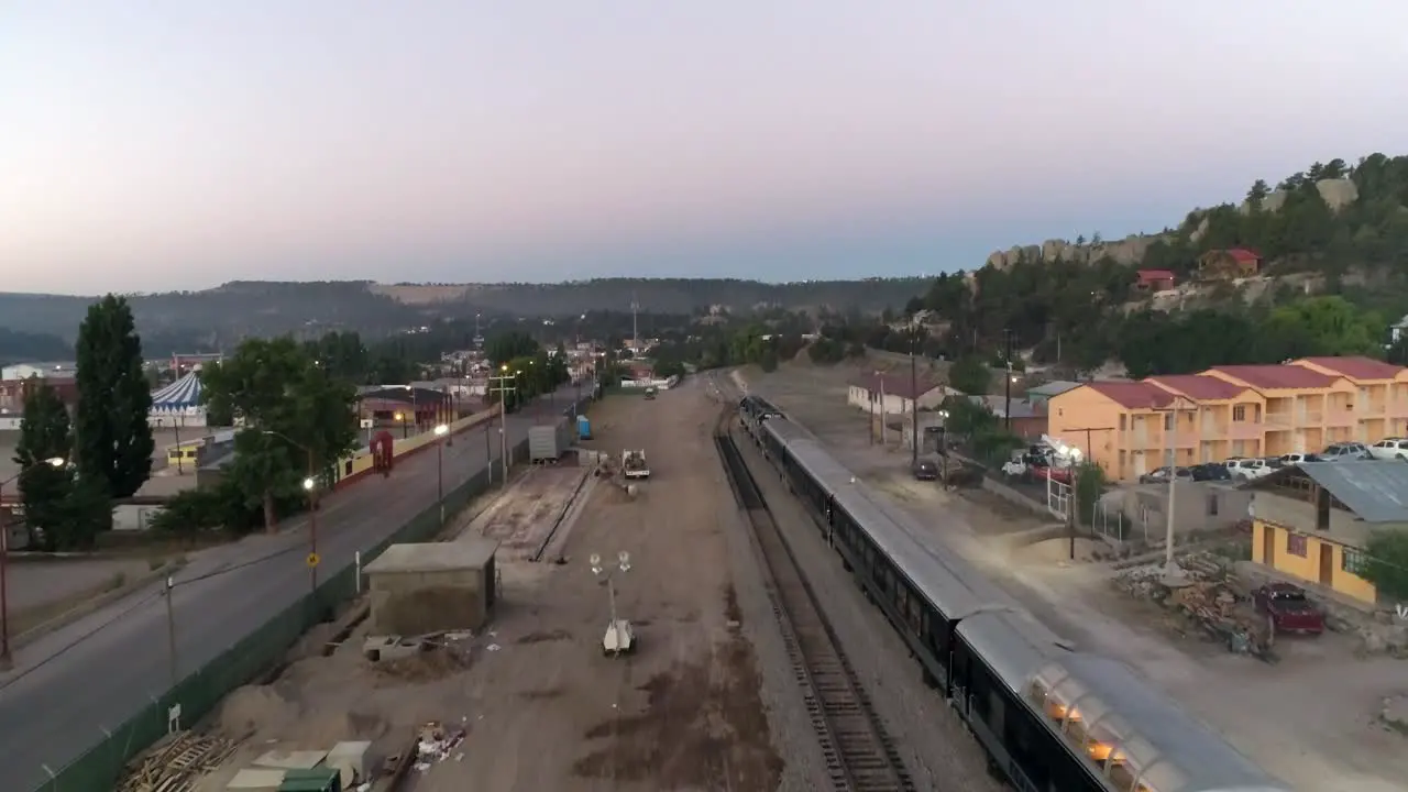 Aerial drone shot of the El Chepe passenger train in Creel Chihuahua Mexico