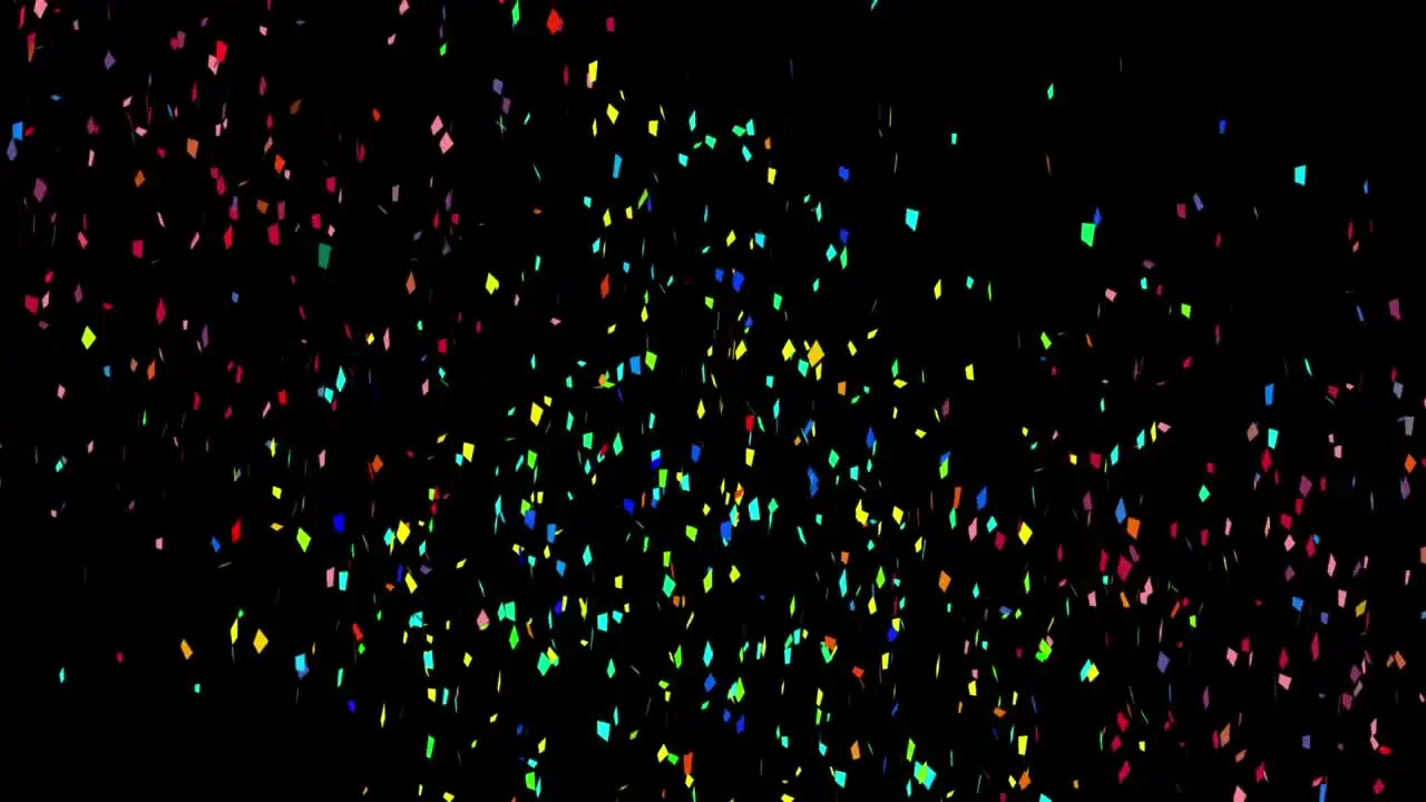 Animation of colorful confetti falling against black background with copy space