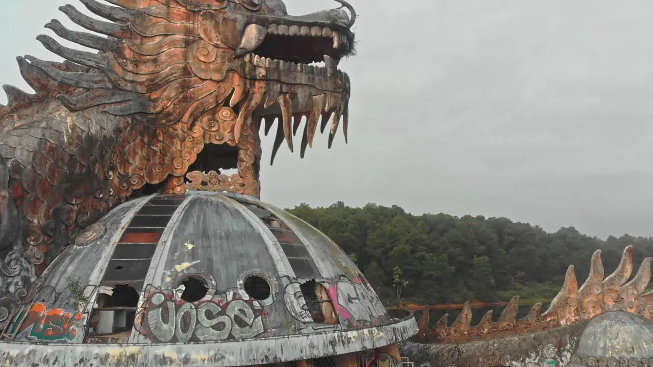 Abandoned Waterpark Hue Vietnam with big dragon aerial