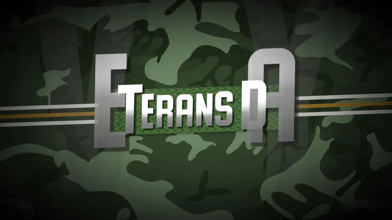 Animation text Veterans Day on military background with lines and stars