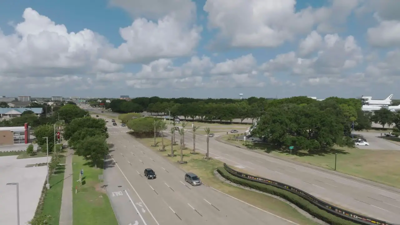 Aerial drone view from NASA Road 1 of the entrance to Space Center Houston in Houston Texas