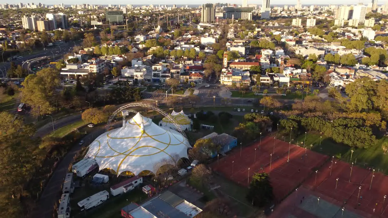 Birds eye view over circus being set up in Sarmiento park Buenos Aires