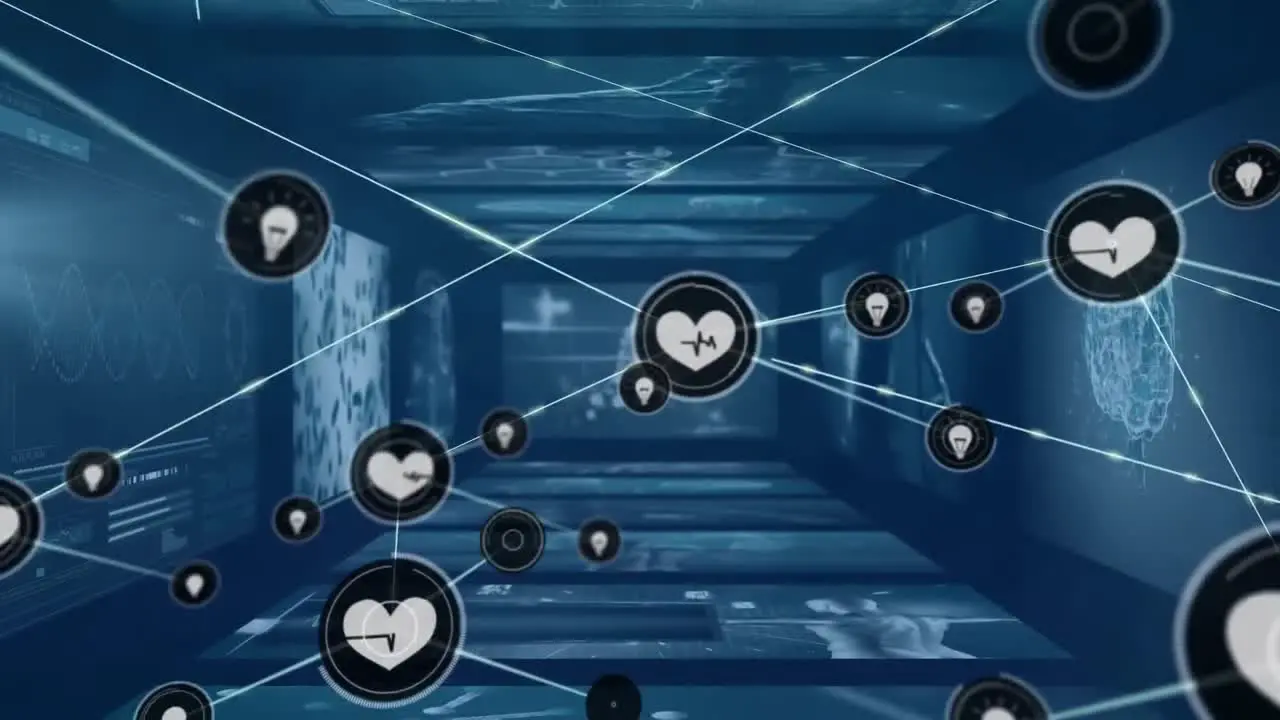 Animation of network of digital icons against screens with medical data processing