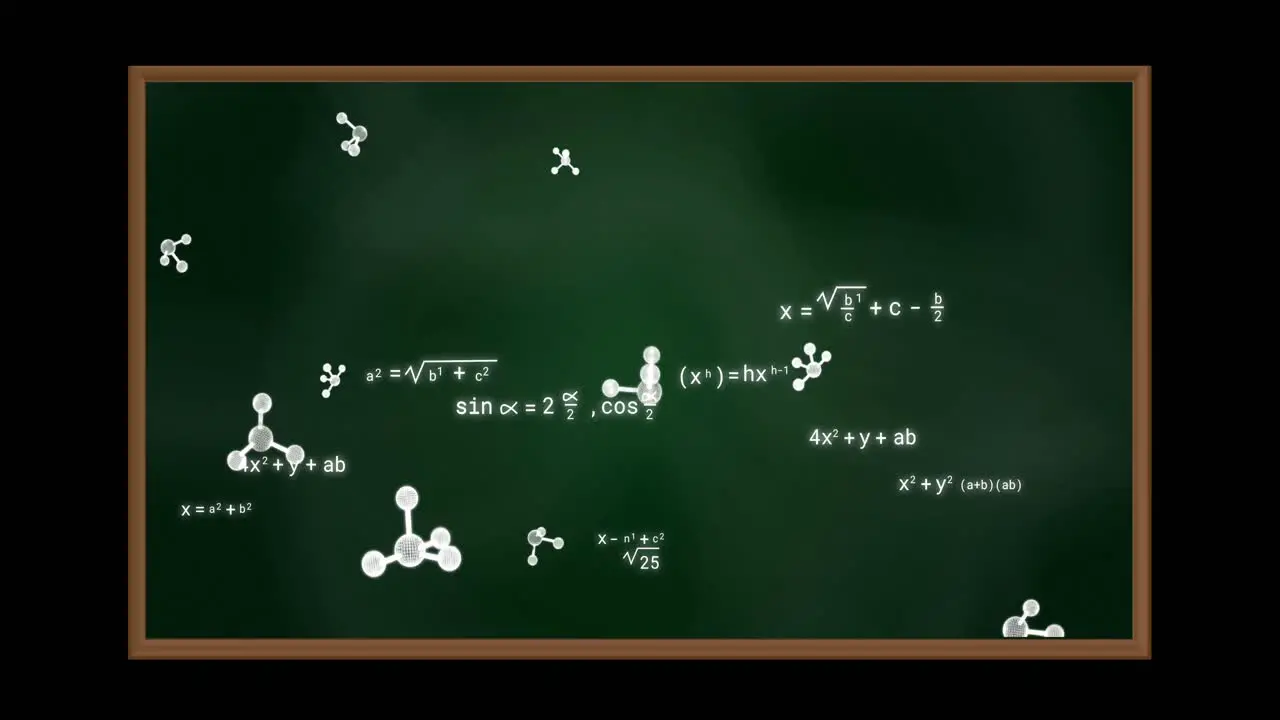 Animation of molecules and mathematical equations over board on black background