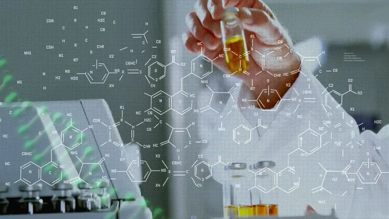 Animation of dna and chemical structures over mid section of a male scientist working at laboratory