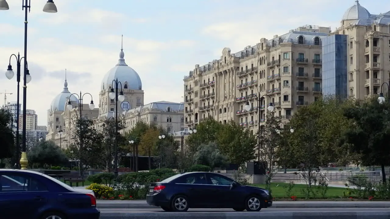 Domes atop Seida Mirbabaeva Palace on waterfront of Baku Azerbaijan