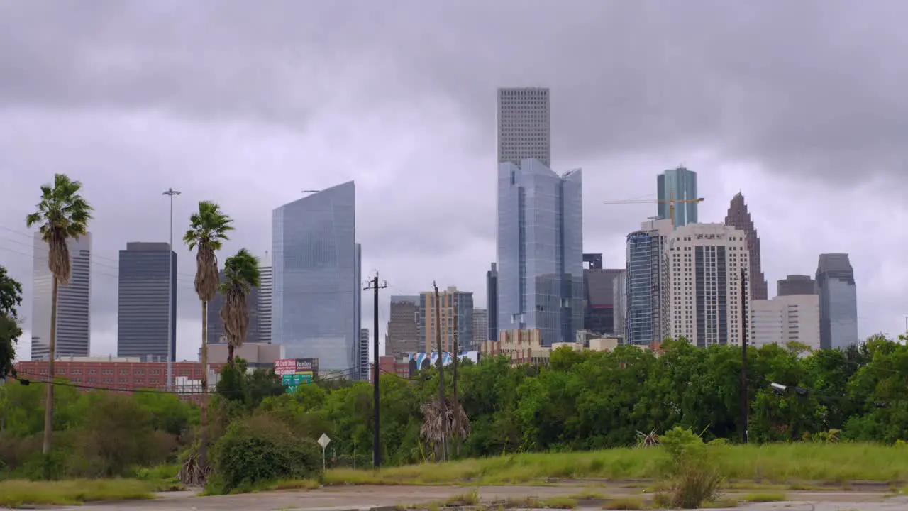 Establishing shot of downtown Houston on a cloudy day