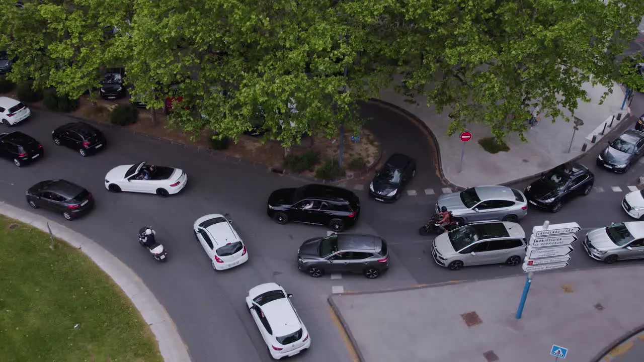 Aerial View of Rush Hour Traffic Jam on Roundabout in Southern France